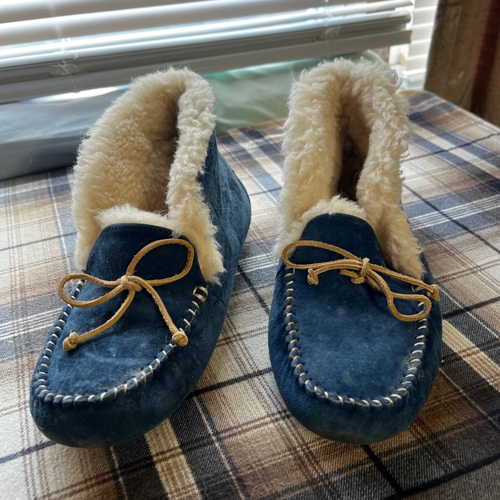 UGG Navy Suede Moccasins with Shearling Trim